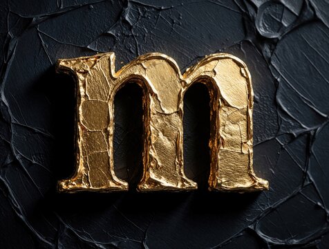 Golden lowercase letter on textured black background. Shiny metallic font made of gold foil sits on dark rough surface. Luxury alphabet symbol for branding design projects. Elegant typography element