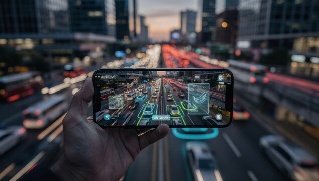 Smartphone in hand displaying futuristic traffic guidance over crowded urban highway with digital arrows location data smart routing and connected transportation system for safer city mobility concept