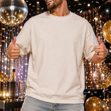 Men casual white t-shirt mockup. Male model in basic short sleeve tee, stands indoors in Christmas decorated room. Men's regular crewneck shirt blank template for holiday designs
