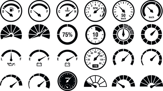 Car dashboard speedometer and gauge icon set featuring fuel level, engine temperature, tachometer RPM, and progress indicator silhouettes