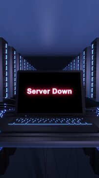 Laptop displays glowing Server Down message rows blue server racks network cables. digital infrastructure scene represents service outages, system failure downtime for technology explainers business