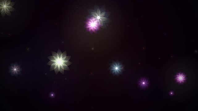 Glowing starburst lights float in a dark cosmic space with scattered faint points of light.