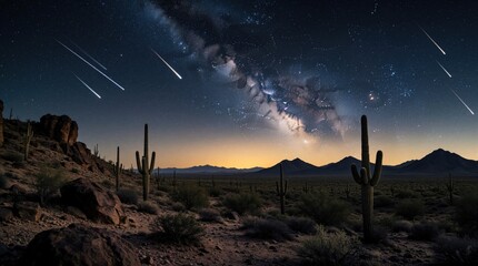 Fototapeta premium Night sky over desert with Milky Way galaxy, shooting stars. Silhouettes of saguaro cacti, mountains under bright starry cosmos. Beautiful celestial view of meteor shower over arid wilderness at