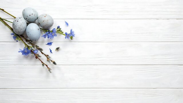 Speckled blue easter eggs with spring flowers and pussy willow branches on a white painted wooden background