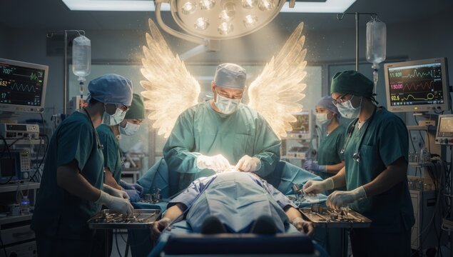 Operating room with focused medical staff and glowing guardian wings behind surgeon illustrating hope recovery advanced surgical care dedicated teamwork during lifesaving hospital procedure with trust