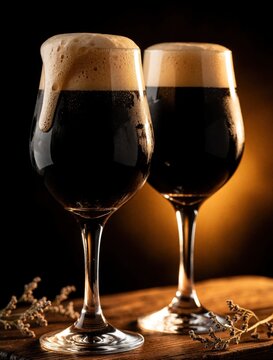 Two glasses of dark craft stout beer with thick foam head. Cold porter drink overflows from glass on rustic wood table. Close up of alcoholic beverage in brewery bar with warm light, dramatic shadows.