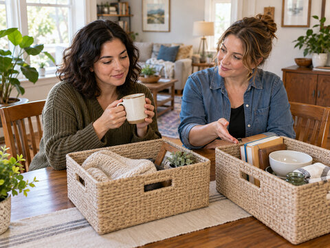 Home organizer helping a client sort belongings at a table