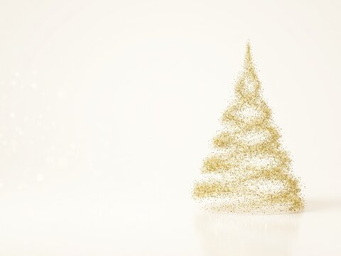 Minimalist gold glitter Christmas tree on soft cream background with copy space