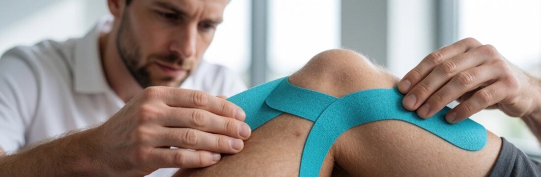 Male physiotherapist applies blue kinesiology tape on patient knee. Specialist provides sports therapy for joint injury muscle pain. Professional medical treatment helps knee rehabilitation, physical