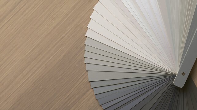 Fan deck of white, beige and gray color swatches arranged on a wooden surface with copy space, neutral color palette concept for interior design, paint selection and home renovation
