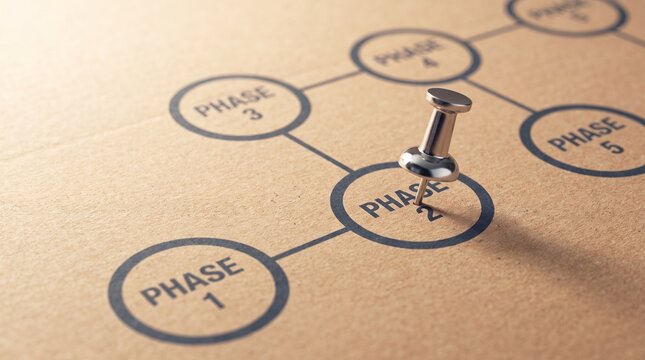 Business Project Timeline Chart on Cardboard Background with Push Pin on Phase Two