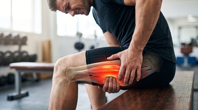 Male athlete suffering from thigh muscle strain in gym with anatomical overlay showing glowing red pain area