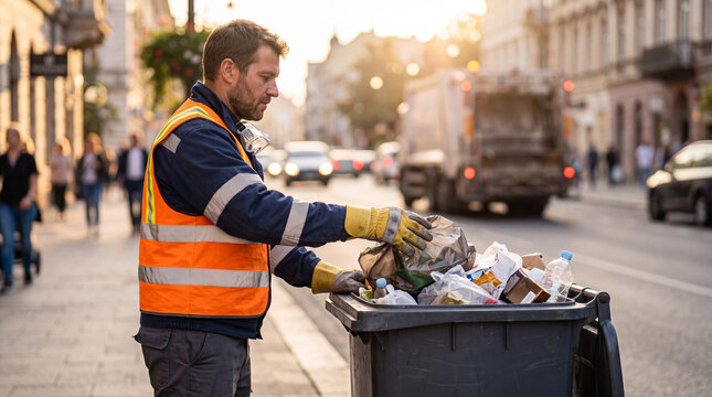 Worker collects trash on a busy street during the late afternoon in a city