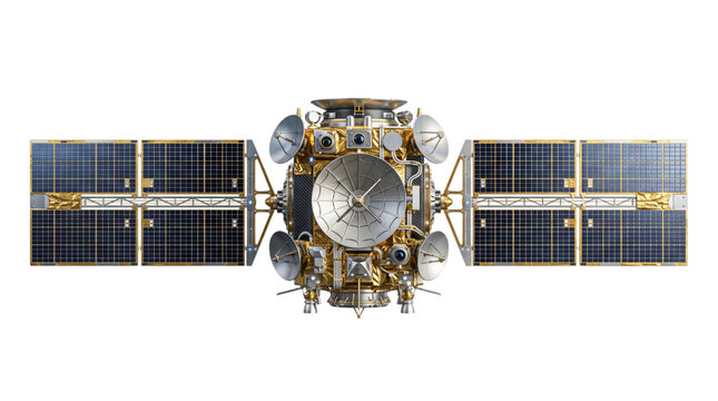 Communications satellite with gold foil body, solar panels and parabolic dish antennas, 3D render isolated on white background
