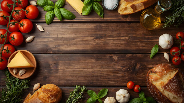 Rustic Italian Ingredients Framing: A charming overhead view showcases a delightful arrangement of fresh Italian culinary staples, including ripe tomatoes, fragrant basil, cheese, garlic, olive oil.