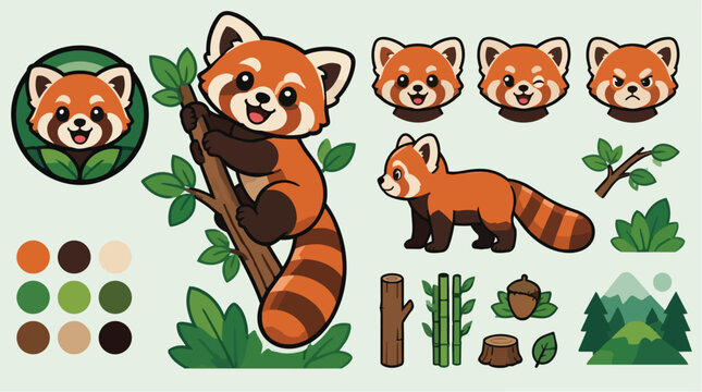 Red panda climbing tree with bamboo forest icons set