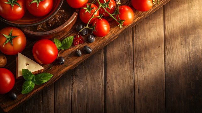 Fresh Ingredient Composition: A rustic wooden board displays ripe tomatoes, fresh basil, and a wedge of cheese, artfully arranged with olives, hinting at delicious culinary creations.