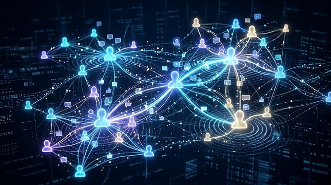 Social network connection visualization with glowing human and interlinked communication lines in dark