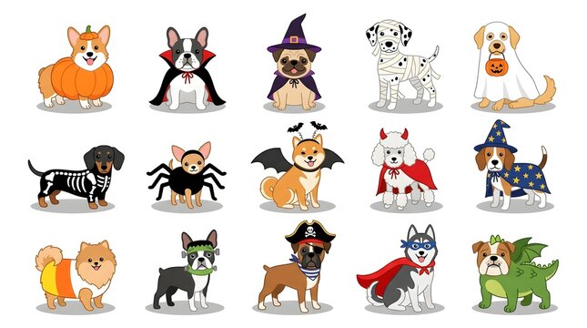 Collection of cute cartoon dogs dressed in various Halloween costumes, ready for trick-or-treating and parties.