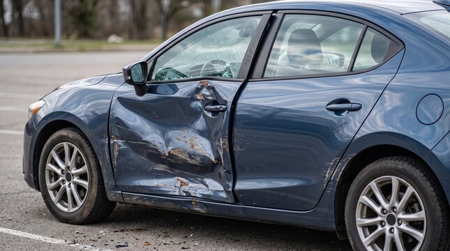 Blue sedan car with heavy side body damage dented doors and deep scratches from traffic collision parked outdoors