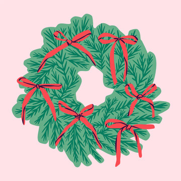 Christmas Wreath with red ribbons. Green pine, spruce wreath with festive traditional xmas or new year decorations. Hand drawn trendy Vector illustration. Isolated design element
