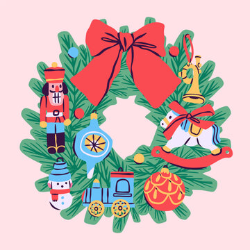 Christmas Wreath with toys, red ribbon bow. Green pine, spruce wreath with festive traditional xmas or new year decorations. Hand drawn trendy Vector illustration. Isolated design element