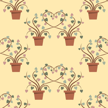 Flat Potted Heart Plant Seamless Pattern Background, suitable for wallpaper, textile design, or fabric