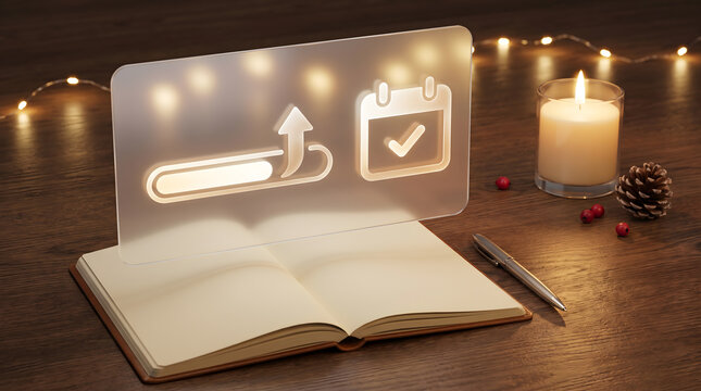 Journal and pen on a warm minimalist desk for year-end reflection