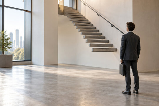 Young professional in charcoal blazer standing before floating staircase with missing first steps in bright modern office atrium symbolizing career ladder disruption and automation