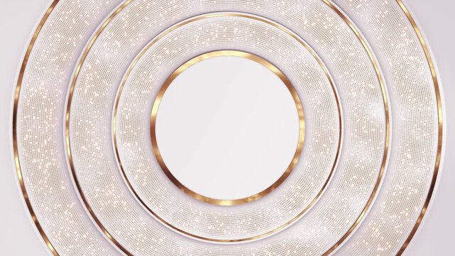 White circular bands metallic gold trim clean central area, accented patterns bright glints. Refined animated frame award graphics, gala announcements, celebration videos elegant title presentations.