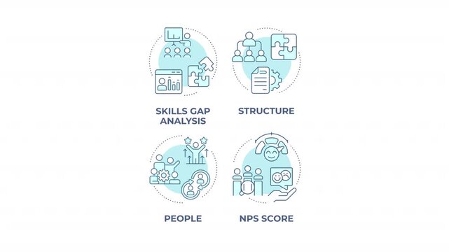 Strategic workforce optimization animated monochrome cyan concept icon set. Operational excellence. Talent alignment strategy. Minimalist blue line animation pack. Circular motion graphics