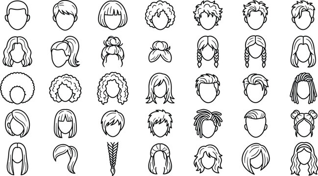 Hairstyle and haircut fashion line art icon set featuring diverse male and female avatars wigs dreadlocks braids and barber salon styling choices