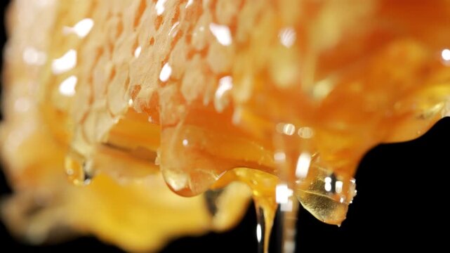 Golden honey dripping from a honeycomb in close up. Organic beekeeping and natural sweetness