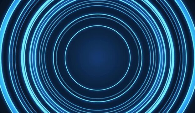 Concentric Circles Expanding With Blue Neon Glow in Dark Background