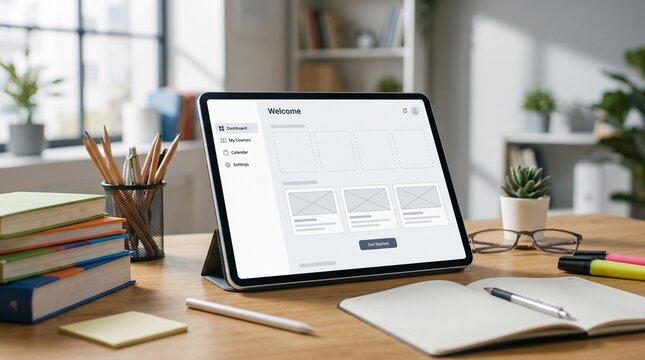 Modern tablet displaying a blank educational interface surrounded by books and pencils on a minimalist desk, designed for premium EdTech advertising, digital learning campaigns and technology promotio