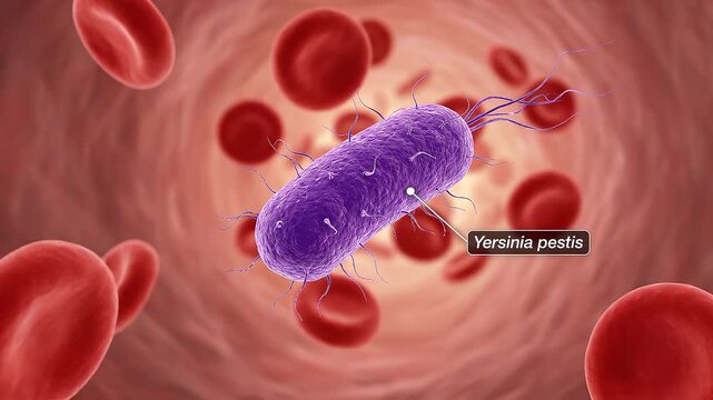 Medical illustration of Yersinia pestis among red blood cells, representing bloodstream infection and septicemic plague