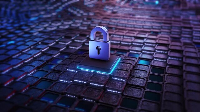 Metallic lock visible keyhole raised digital platform, textured square tiles neon accents. Digital security privacy, identity protection, cybersecurity awareness campaigns confidential data themes.
