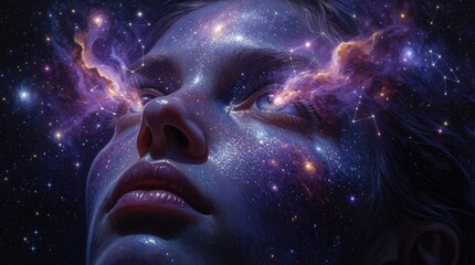 Fototapeta premium Surreal digital art of woman face merging with cosmic nebula. Beautiful galaxy stars, colorful space clouds flow from eyes. Mystical portrait represents spiritual consciousness, meditation, inner