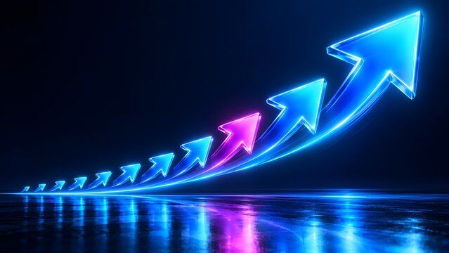 Competitive business advantage and market leadership shown by a standout pink glass arrow leading blue arrows upward on a reflective surface