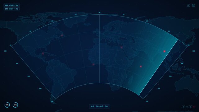 Military radar scanning tactical map with red target display. 4K Video