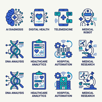 Innovative electronic bioengineering technology and clinical science icons set featuring advanced patient assistance tools and intelligent workflows