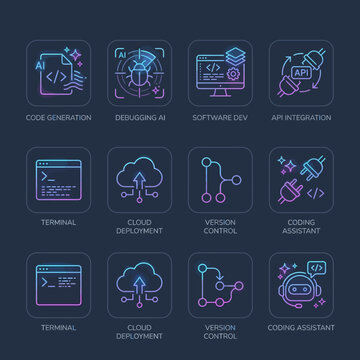 Abstract digital icons for software development, artificial intelligence, cloud computing, and coding assistance on a dark background with gradient colors