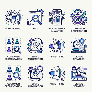 Digital Marketing Strategy Icons Set featuring AI Marketing, SEO, Social Media Analytics, Campaign Optimization, and Email Automation Illustrations
