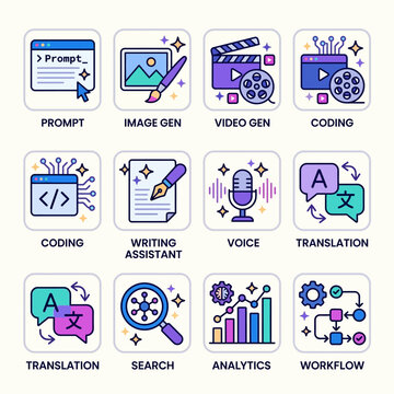 Innovative AI tools icons for digital transformation. Features artificial intelligence for content generation, coding, analytics, and smart automation
