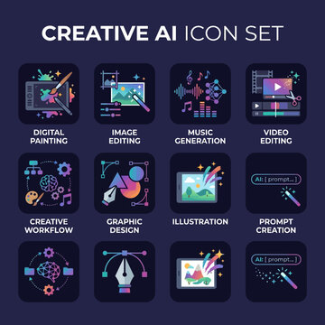 Creative artificial intelligence icon set featuring digital painting image editing music generation video editing graphic design illustration prompt creation