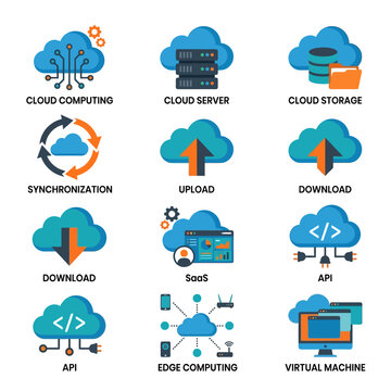 Modern cloud technology infrastructure and digital network data services vector icon set representing online database hosting and processing