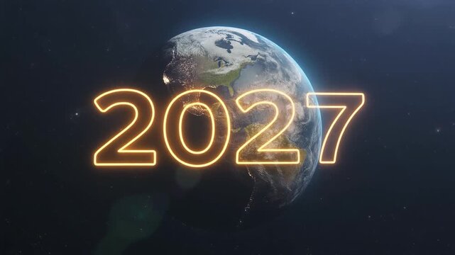 Eagle's Head Emerging from Globe with Neon 2027 Text Animation During Night