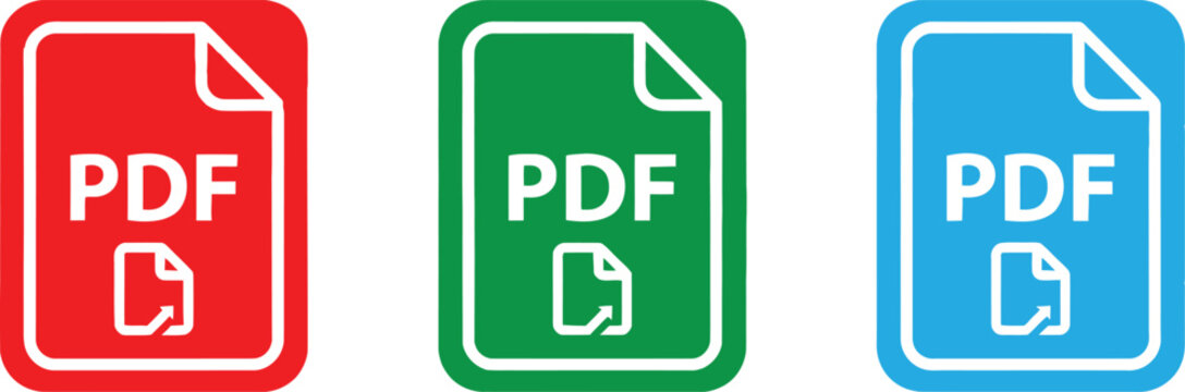 Three colorful pdf file document icon buttons in red green and blue