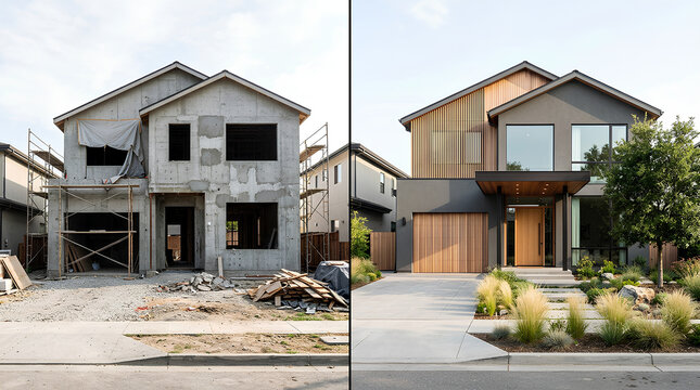 comparison of an unfinished concrete house under construction and a modern completed house with wooden accents showcasing