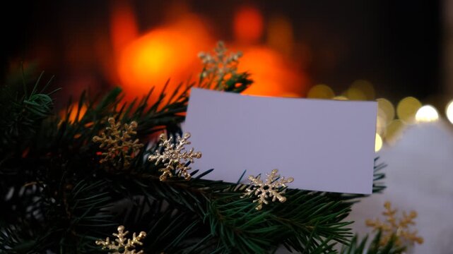 Christmas tree, empty blank card. Space for text. Magic of the holiday season. Warm string lights twinkle gently.  Fireplace,  flame, fir branches adds comforting warmth, the subtle scent. Copy space